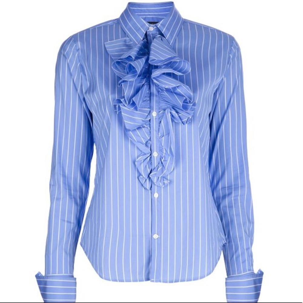 RALPH LAUREN PINSTRIPED RUFFLE FRONT SHIRT